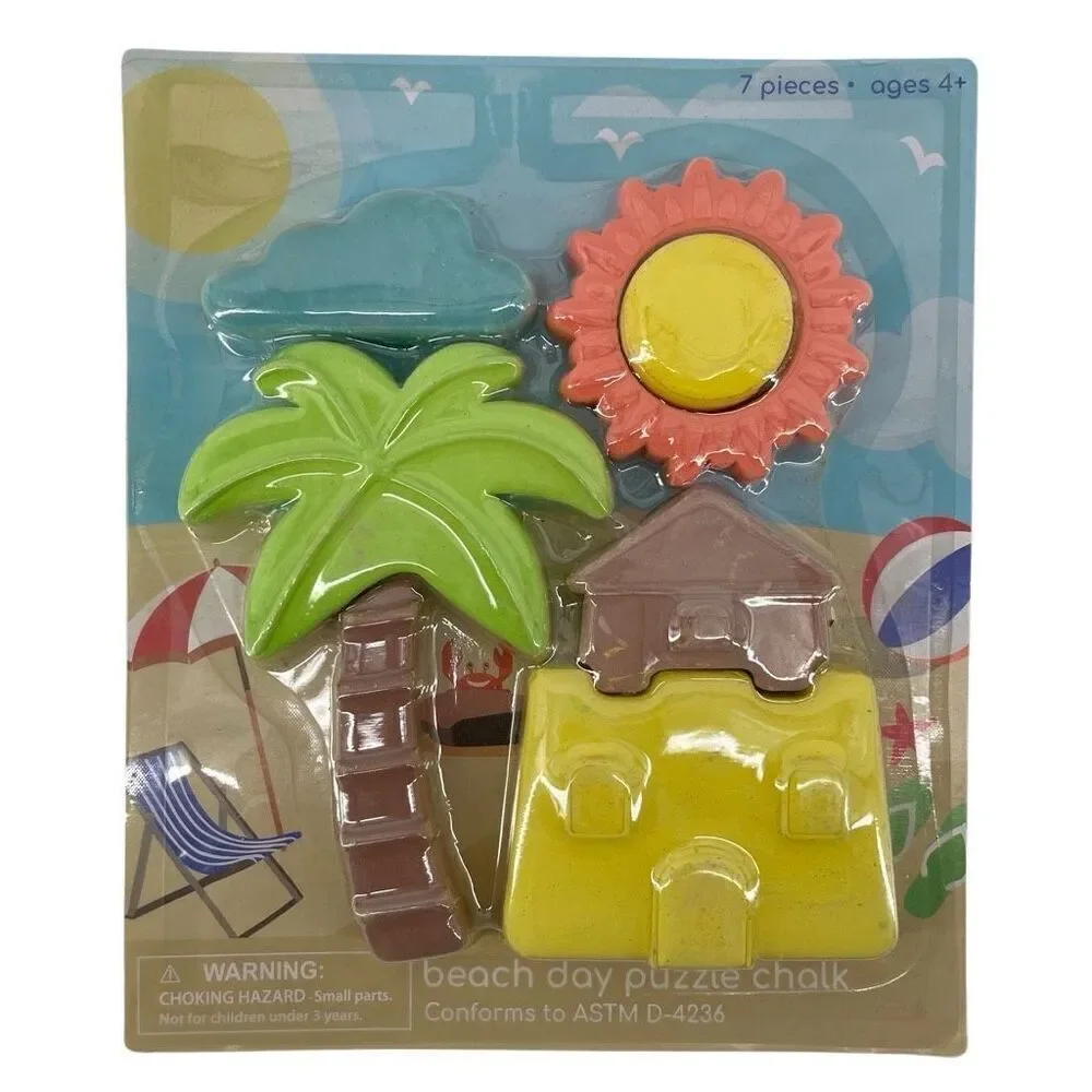 Kids Beach Day 7-Piece Puzzle Chalk Set – Palm Tree, Sun, Cloud & Sandcastle
